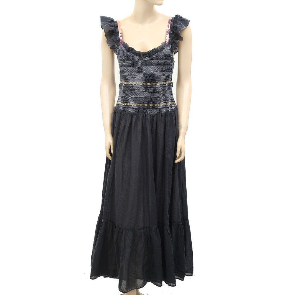 Anthropologie Tonal Embroidered Maxi Dress Smocked Ruffle Cotton S